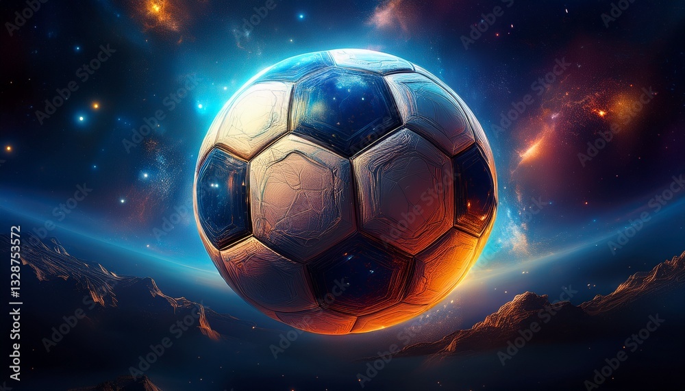 Fototapeta premium A surreal and artistic concept of a soccer ball as a planet floating in space, surrounded by stars and galaxies, blending sports with the cosmos in a unique cosmic sports vision.
