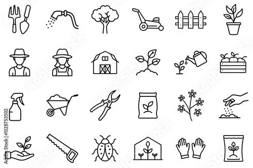 Gardening and Farming Line Icons Set – Agriculture, Plants, Tools, Farmer, Greenhouse, Growth, Watering, Harvest, Seeds, Landscaping, Eco Farming, Sustainable Gardening, Horticulture