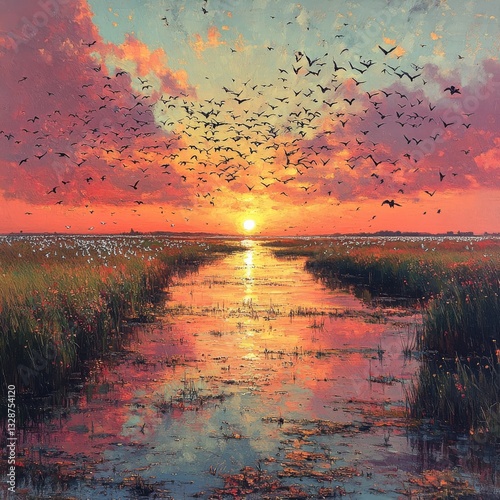 Birds flying over a brightly coloured marsh. Generative AI