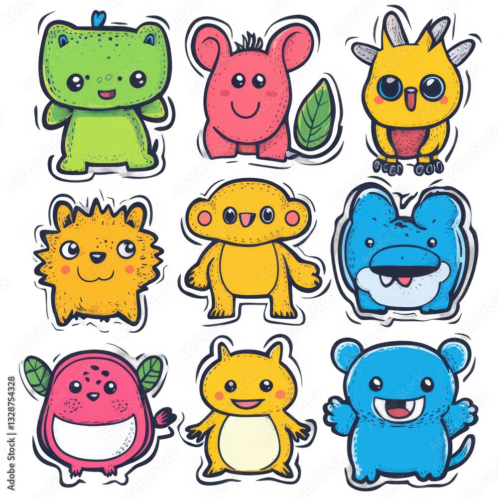 Obraz premium Cute cartoon creatures, digital art, collection isolated on white or transparent png