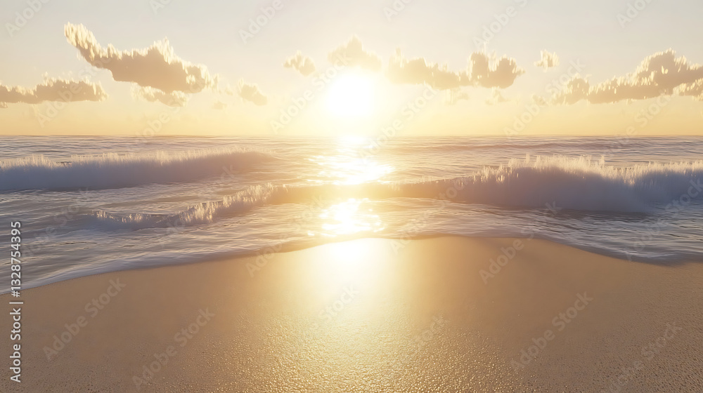 Golden Sands at Sunset: Tranquil Beach and Ocean Waves at Twilight