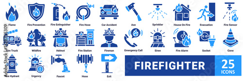 Firefighter icon set.with icon flame,prevention,extinguisher,hose, car accident, axe, sprinkler, house on fire, evacuation, fire sensor, fire truck, wildfire, helmet, fire station 