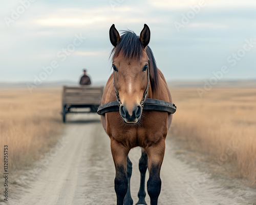 Chestnut horse pulling cart on rural road, farmer in background