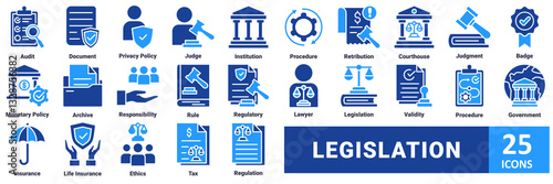 Legislation icon set. with icon audit, document, privacy policy, judge, institution, procedure, retribution, courthouse, judgment, badge, monetary policy, archive, responsibility, rule, regulatory 