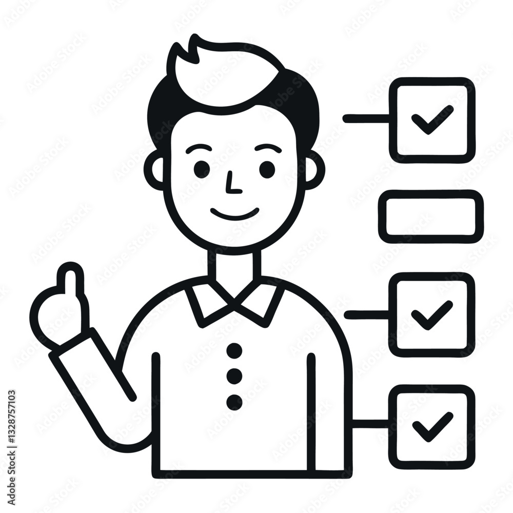 Man points to checkboxes vector icon line art. Man points to checkboxes vector icon line art.