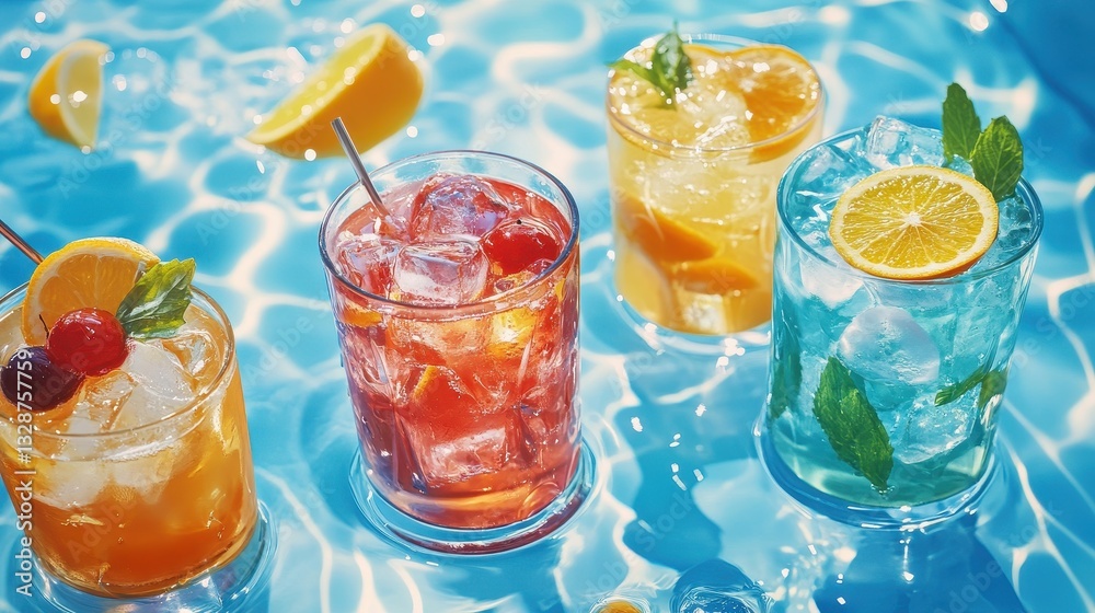 Of a Refreshing summer cocktail selection with colorful drinks, citrus garnishes, and ice cubes, placed near a turquoise infinity pool Of a Refreshing summer cocktail selection with colorful drinks, citrus garnishes, and ice cubes, placed near a turquoise infinity pool
