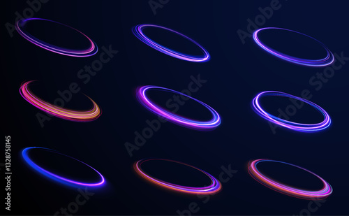Cybernetic Light Waves: A Stunning Composition of Luminous Motion Rings and Glowing Arc Traces That Resemble High-Speed Energy Orbits, Hovering in a Neon-Drenched Sci-Fi Universe.