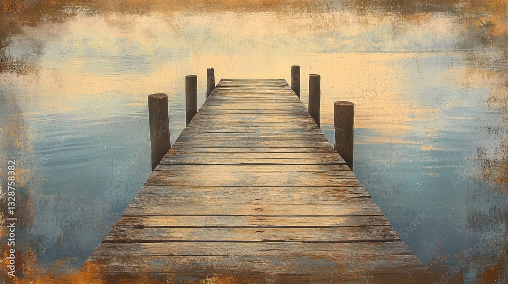 Obraz premium Of a Rustic wooden dock extending into a calm summer lake, reflecting the soft golden hues of the sky