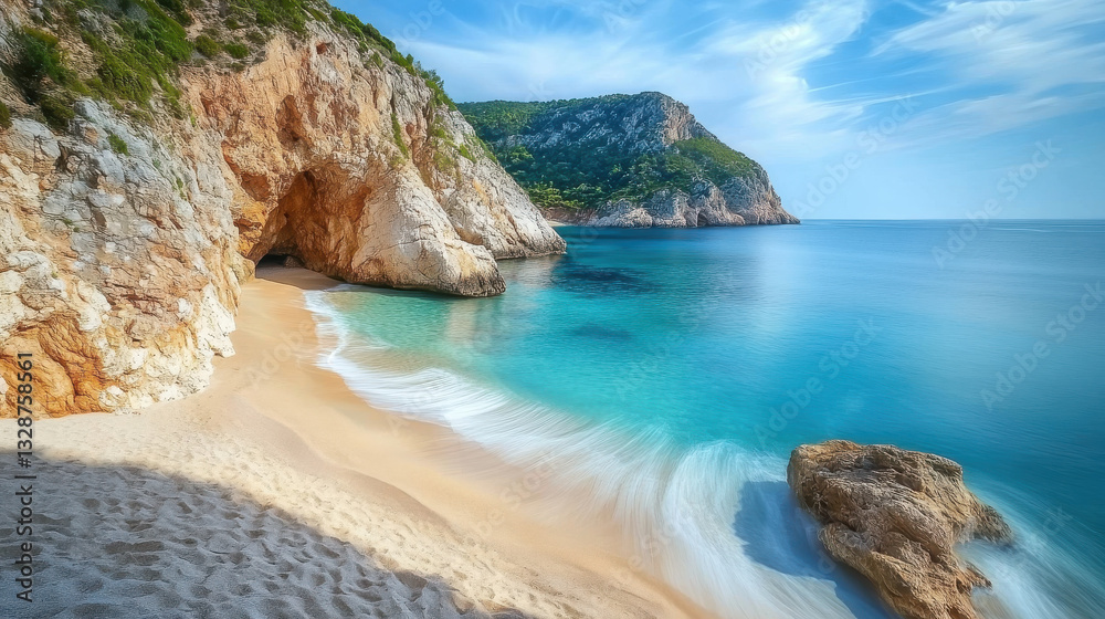 Calm waves gently lap against a pristine sandy beach surrounded by rugged cliffs and lush greenery under a sunny sky. The turquoise ocean sparkles invitingly Calm waves gently lap against a pristine sandy beach surrounded by rugged cliffs and lush greenery under a sunny sky. The turquoise ocean sparkles invitingly