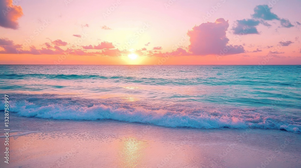 Fototapeta premium Of a Serene beach sunset with gentle ocean waves and soft pink, orange, and purple hues in the sky