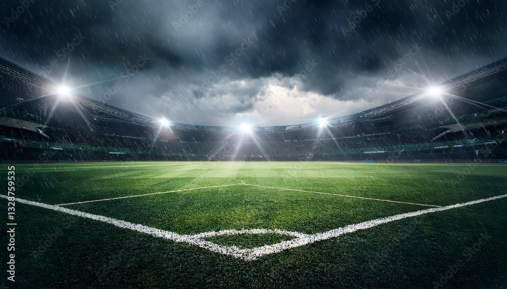 Obraz premium Rain-soaked football pitch under a dramatic, stormy sky, capturing the intensity and cinematic mood of a fierce sports moment—perfect for action-packed sports visuals.