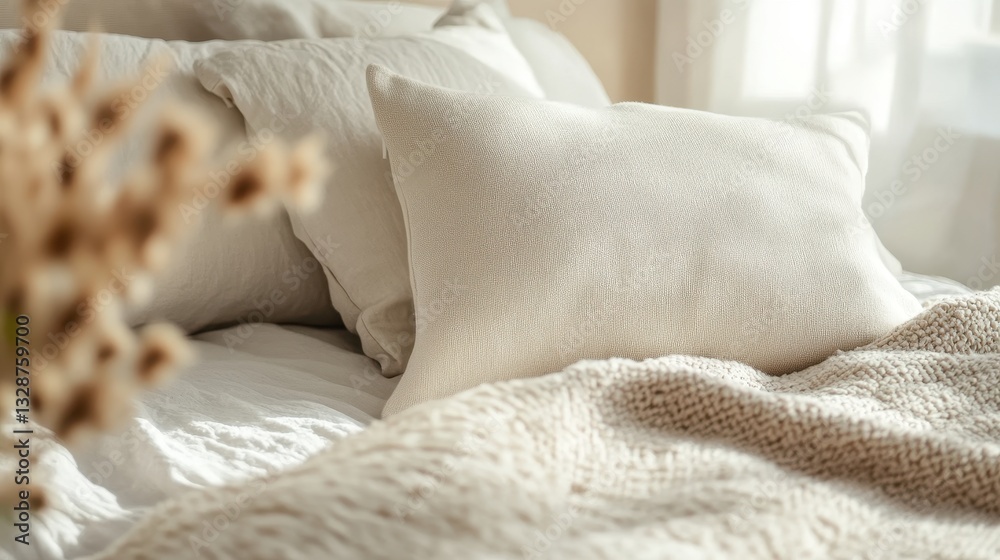 Of a Soft cotton pillow mockup on a cozy neutral-toned bed, perfect for showcasing home decor branding Of a Soft cotton pillow mockup on a cozy neutral-toned bed, perfect for showcasing home decor branding