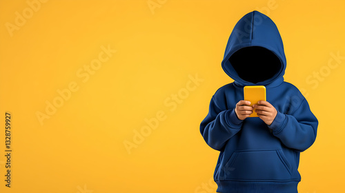 Hooded figure using a smartphone against a yellow background, anonymity concept