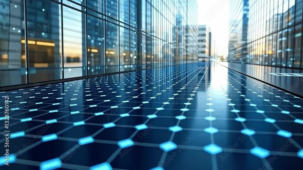 Urban Futuristic Reflection: Modern cityscape features solar panels, modern architectural design. Showcasing a vision of sustainability and advanced energy