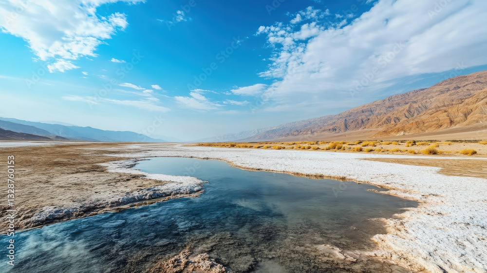 A vast expanse of salt flats stretches across the land, reflecting the clear blue sky. A small, tranquil body of water contrasts with the surrounding arid desert landscape and mountains A vast expanse of salt flats stretches across the land, reflecting the clear blue sky. A small, tranquil body of water contrasts with the surrounding arid desert landscape and mountains