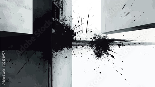 A high-contrast black and white image depicting an abstract composition.  The main focus is a large, irregular black ink splatter or explosion centered in the frame.  The splatter has varying