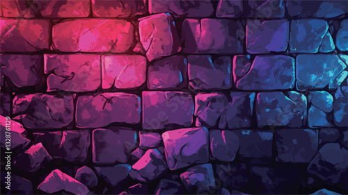 A digital illustration depicting a brick wall illuminated with pink and blue neon lighting.  The bricks are irregularly shaped and some are broken or crumbling, creating a grunge texture. The