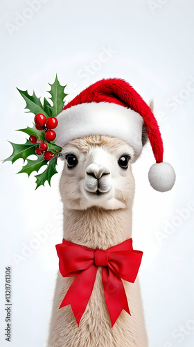 Festive alpaca in Santa hat, holly, and red bow