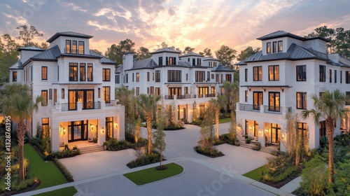 Luxury townhomes at sunset, featuring modern architecture, landscaping, and tranquil ambiance. photo