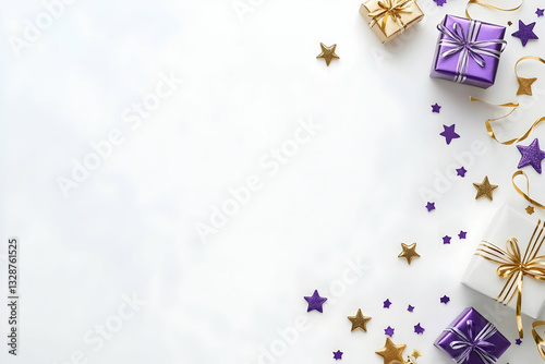 Festive backdrop with purple and gold gifts, stars, and ribbons on white