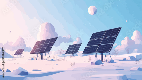 A digital illustration depicting several solar panels standing on a stylized, minimalist landscape. The landscape features low-poly mountains, soft, pastel-colored clouds, and a smooth, snow-like