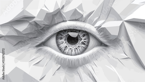 A close-up shot of a stylized eye rendered in grayscale. The eye is highly detailed with realistic iris and pupil, contrasting with the surrounding texture. The background consists of a fragmented,