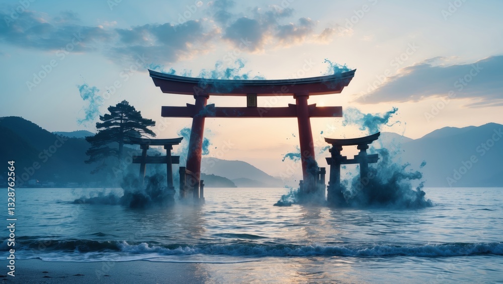 Serene traditional Torii gate standing in calm waters at dusk, surrounded by mountains and a tranquil sky Serene traditional Torii gate standing in calm waters at dusk, surrounded by mountains and a tranquil sky