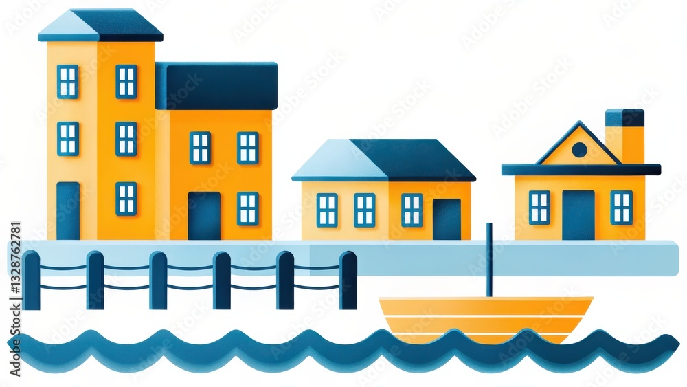 Fototapeta premium Charming Yellow And Blue Waterfront Village Houses With Small Boat