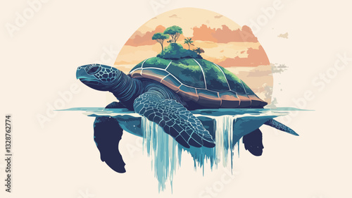 Digital illustration depicting a large sea turtle swimming in the ocean.  A small island with trees sits on its back. The background features a stylized sunset or sunrise with warm orange and