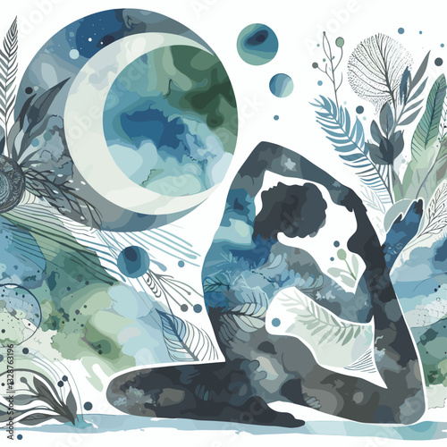 Silhouette of a yogi in a meditative pose surrounded by watercolor elements and abstract nature