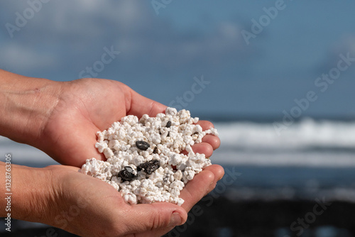 Obraz na płótnie Manos de chica sosteniendo piedritas blancas con forma de popcorn mezcladas con piedras negras volcánica. Fuerteventura. w salonie