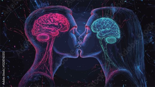 A digital artwork depicting two stylized human figures in profile, their heads nearly touching in a kiss.  Their brains are visible, rendered in translucent pink and blue, with visible neural