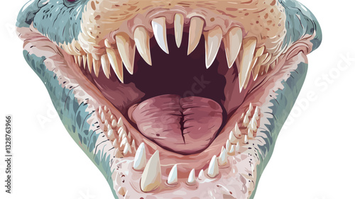 A close-up shot of a dinosaur's open mouth revealing numerous sharp, pointed teeth. The image shows detailed textures of the dinosaur's gums, tongue, and the inside of its mouth. The color palette