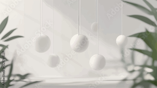 The image shows several white eggs of varying sizes suspended from strings against a bright white background.  Soft, diffused light creates beams or rays that illuminate the scene.  Green leaves