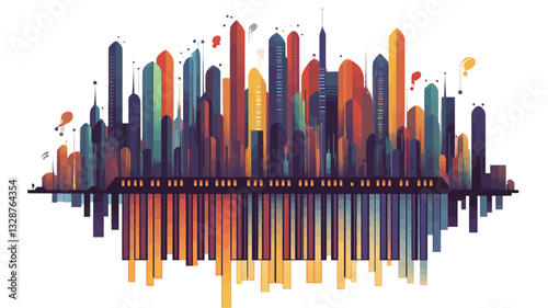 A stylized illustration depicting a city skyline with a reflection in water. The skyline is composed of various tall buildings in a range of bright, saturated colors, including reds, oranges,