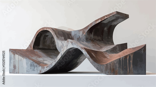 Close-up shot of an abstract sculpture crafted from rusted and weathered metal. The sculpture is composed of several interconnected, curved, and angular pieces, creating a complex,