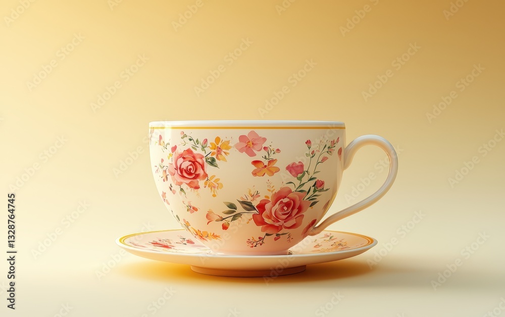 Beautiful teacup with floral design, on a pastel yellow background Beautiful teacup with floral design, on a pastel yellow background