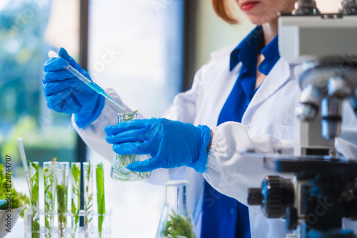 Middle-aged female laboratory worker wearing blue gloves conducts lab test on food ingredients lettuce, cucumber, pork. Using microscope, she analyzes nutrients, preservatives, food safety records.