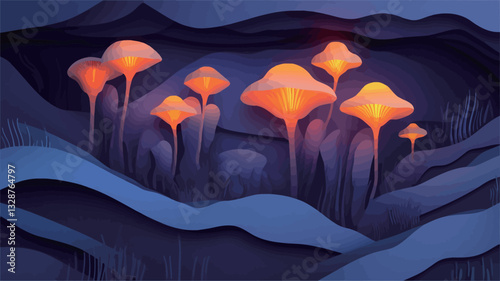 Digital illustration depicting a fantasy landscape rendered in a paper cut-out style. The scene features several bioluminescent mushrooms emitting an orange glow against a dark blue background. The