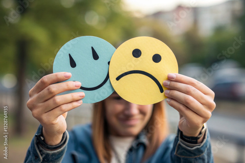 Hands holding sad face hiding behind happy face, bipolar and depression, mental health, split personality, mood change concept