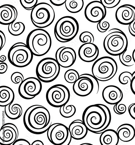 Black and White Spirals Pattern with Dynamic Curves and Swirls