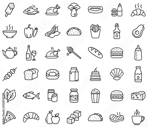 Food and Beverage Line Icons Set – Fast Food, Healthy Eating, Desserts, Drinks, Dairy Products, Bakery, Fruits, Vegetables, Seafood, Meat, Cooking Ingredients, Organic Food, Culinary Essentials