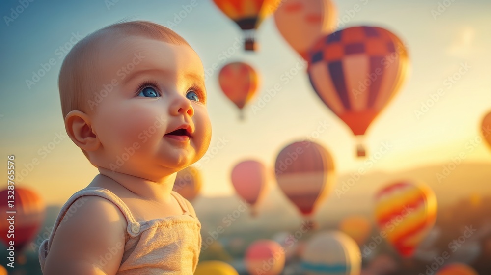 Baby standing in front of colorful balloons in a playful outdoor setting enjoying a fun celebration Baby standing in front of colorful balloons in a playful outdoor setting enjoying a fun celebration