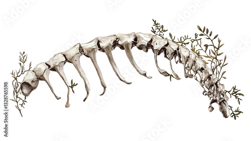 Close-up studio shot of an animal's vertebral column, seemingly disarticulated, set against a pure white background.  The bones are light beige in color, exhibiting fine textural detail.  Small,