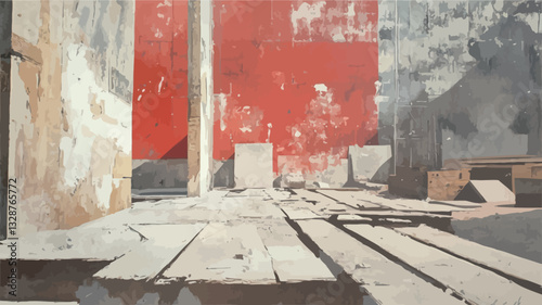 The image is an abstract composition featuring a predominantly grey and red color palette.  The foreground shows a series of weathered grey wooden planks, appearing old and possibly part of a floor