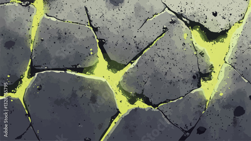 Close-up shot of a textured surface with numerous cracks. The cracks are irregularly shaped and filled with a bright, glowing neon yellow light. The surrounding surface is a dark grey, with
