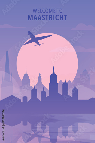 Welcome to Maastricht, Netherlands. Gradient city poster, card with shapes of skyline, waterfront and airplane. Holland townscape travel vector illustration, print, graphic