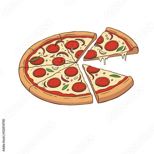Pizza topped with pepperoni, mushrooms, black olives, herbs and cheese on a stone surface. Next to it are a pizza knife, sauce in a bowl with a spoon, tomatoes and a piece of cheese. 