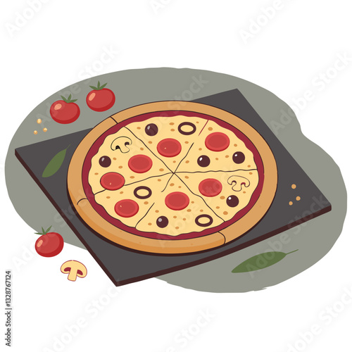 Pizza topped with pepperoni, mushrooms, black olives, herbs and cheese on a stone surface. Next to it are a pizza knife, sauce in a bowl with a spoon, tomatoes and a piece of cheese. 