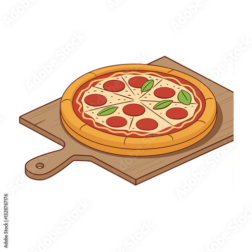 Pizza topped with pepperoni, mushrooms, black olives, herbs and cheese on a stone surface. Next to it are a pizza knife, sauce in a bowl with a spoon, tomatoes and a piece of cheese. 